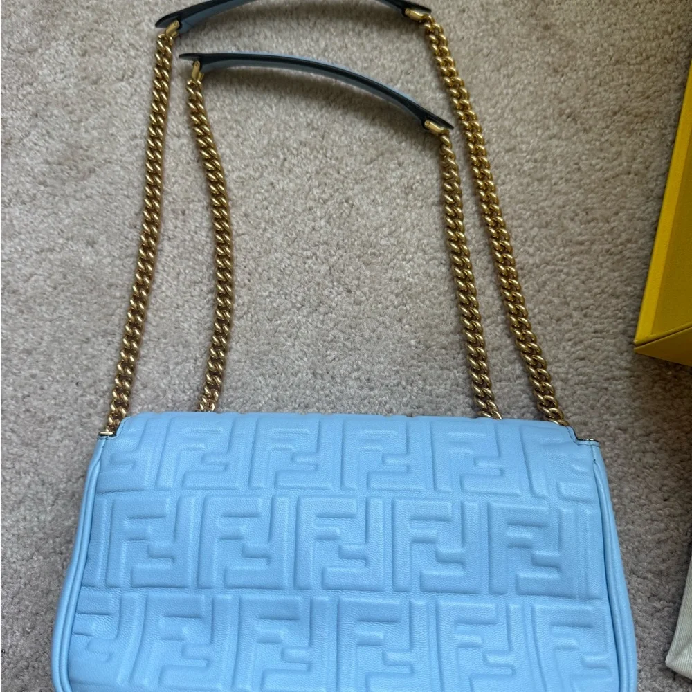 Fendi Light Blue Lambskin Zucca Baguette Gold Chain with Gold Hardware Full Set - Picture 11 of 16